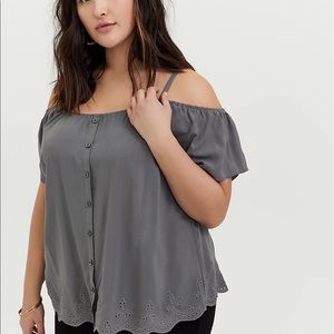 Torrid DARK GREY CHALLIS EYELET HEM COLD SHOULDER TOP
